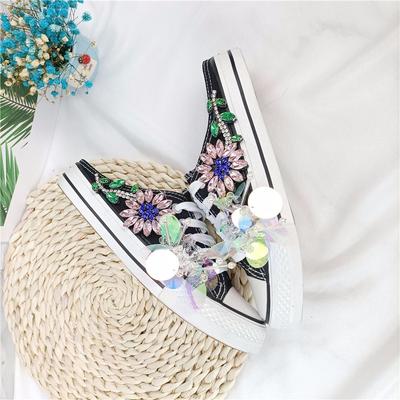 Fashion Shoes for Women Summer New Diamond Sequin Flower Low Top Casual Shoes Flat Bottom Lace Up Fashion Dance Shoes  Slippers Women