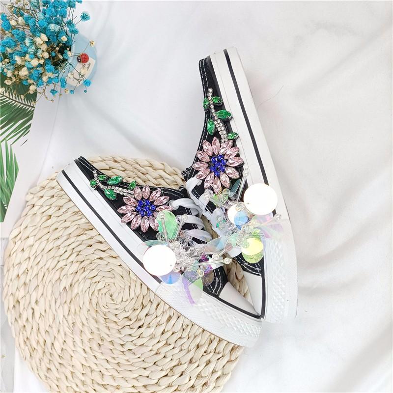 Fashion Shoes for Women Summer New Diamond Sequin Flower Low Top Casual Shoes Flat Bottom Lace Up Fashion Dance Shoes  Slippers Women