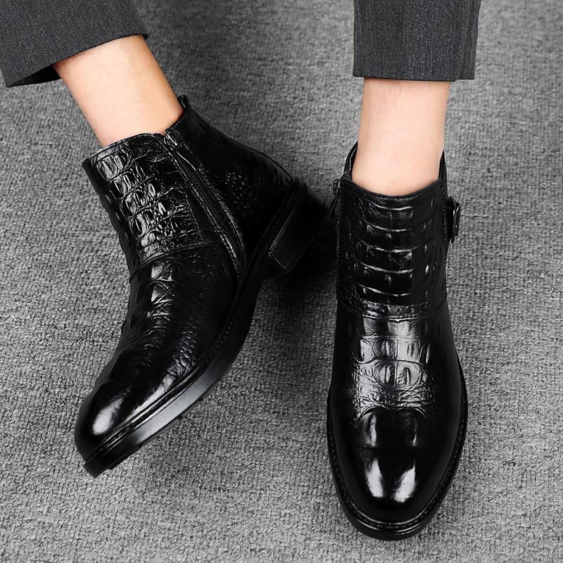 Fashion Fashion Crocodile Patterned Genuine Leather Mens Boots Luxury Brand Winter Fleece Warm Chelsea Boots High-quality Handmade Boots