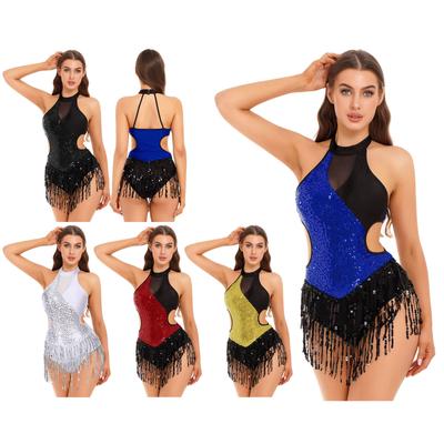 Womens Latin Dance Costume Sparkling Sequin Color Block Patchwork Bodysuit Sleeveless Fringed Leotard