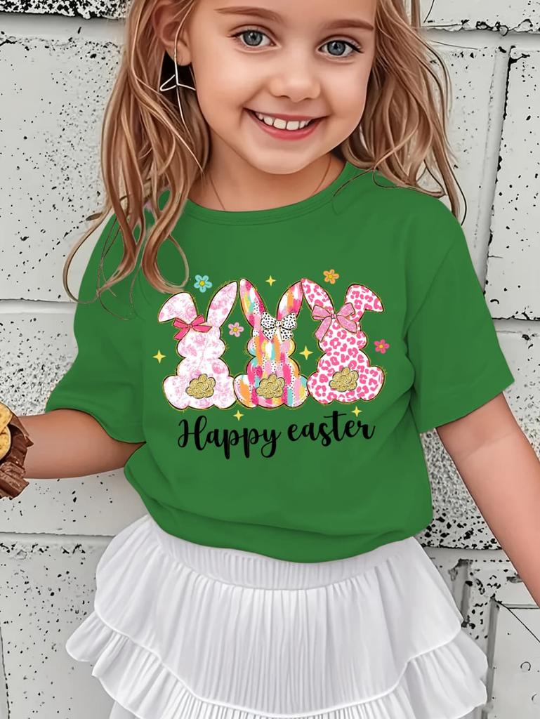 Happy Easter Shirt Kawaii Trio Bunny Kids Tees Colorful Rabbit Outfit Glitter Effect Top Toddler Spring Gift Pastel Girl Clothes