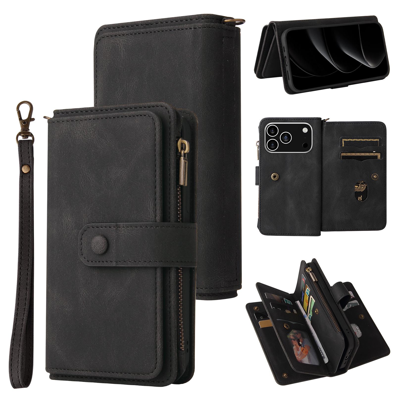 

For iPhone 17 Pro Zipper Wallet Case with 15 Card Slots and Strap Leather Phone Cover Black