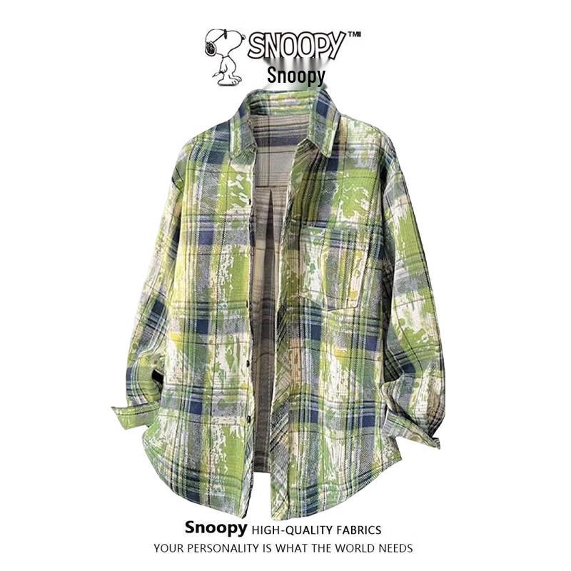 SNOOPY Men s American Style Plaid Long Sleeve Shirt 4XL