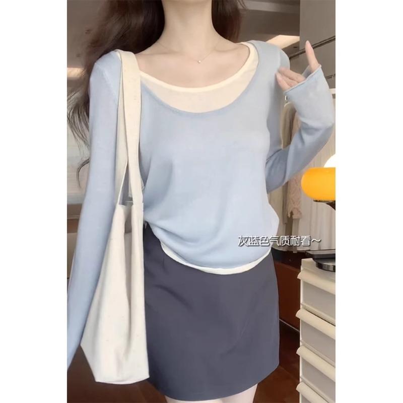 Fake two-piece contrasting knitted sweater women's spring splicing long-sleeved top casual age-reducing bottoming shirt
