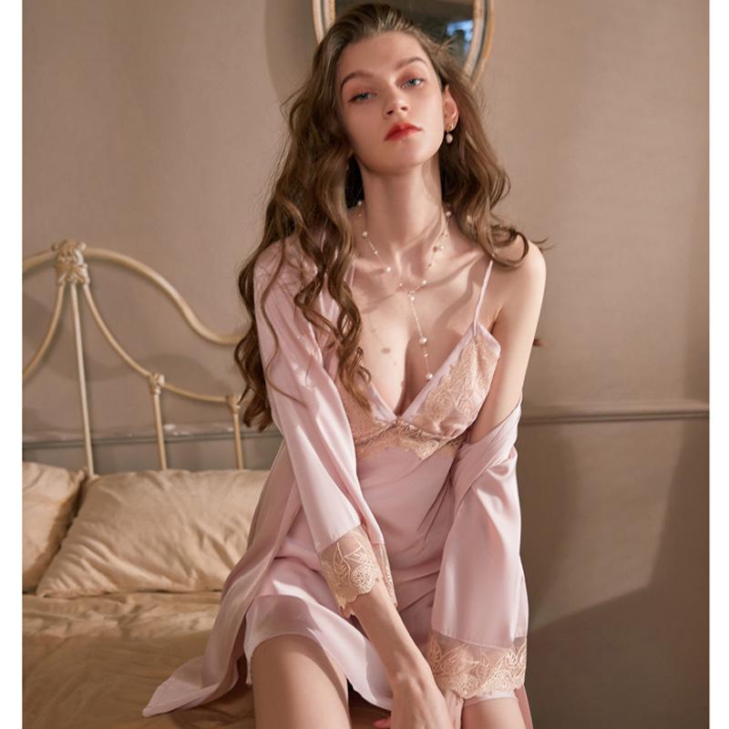 Silk Camisole Nightgown Set with Chest Pads & Embroidered Robe - Sexy Spring/Autumn Loungewear