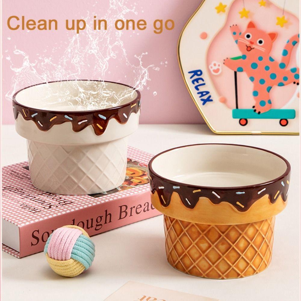 Large Diameter Cat Food Bowl Ice Cream Shape Elevated Cat Bowl Ceramic Cat Bowl  For Cats and Dogs