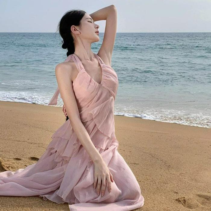 Fairy Suit, Summer Super Fairy Temperament, Seaside Vacation Dress, French Gentle Wind Irregular Neck Sling Skirt
