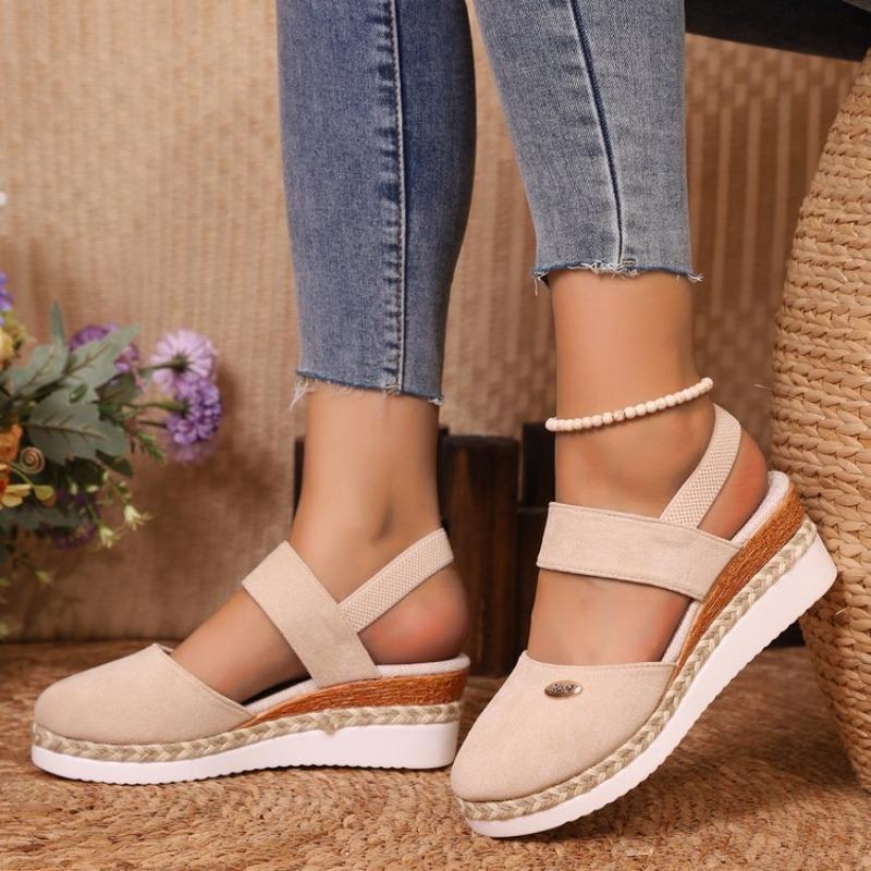 Large size color matching bag head rear empty sandals slope heel light hemp rope braided buckle women's shoes thick sole cool
