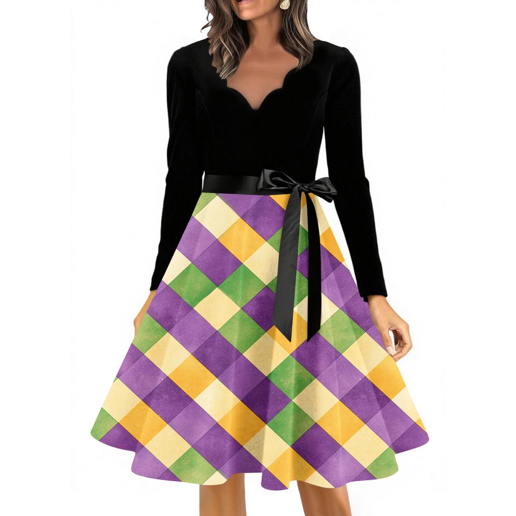 Women's Casual Fashion V Neck Long Sleeve Printed Vintage Long Dress