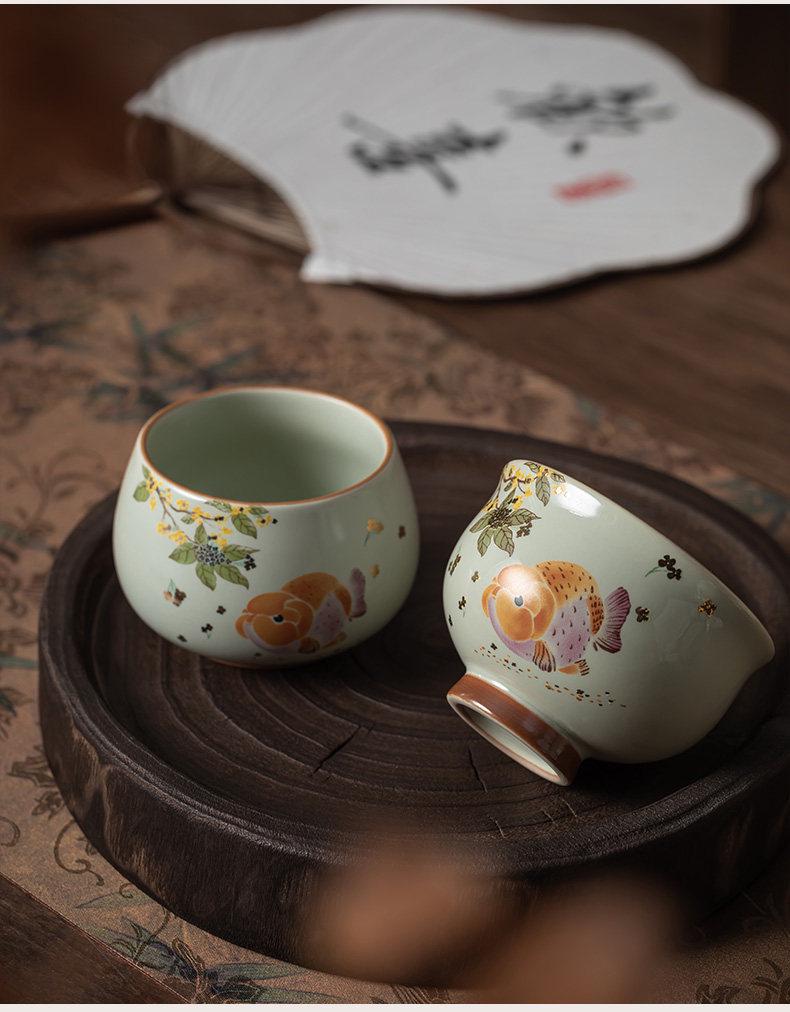 Ash-Glazed Hand-Painted Koi Ceramic Tea Cup for Kung Fu Tea Ceremony