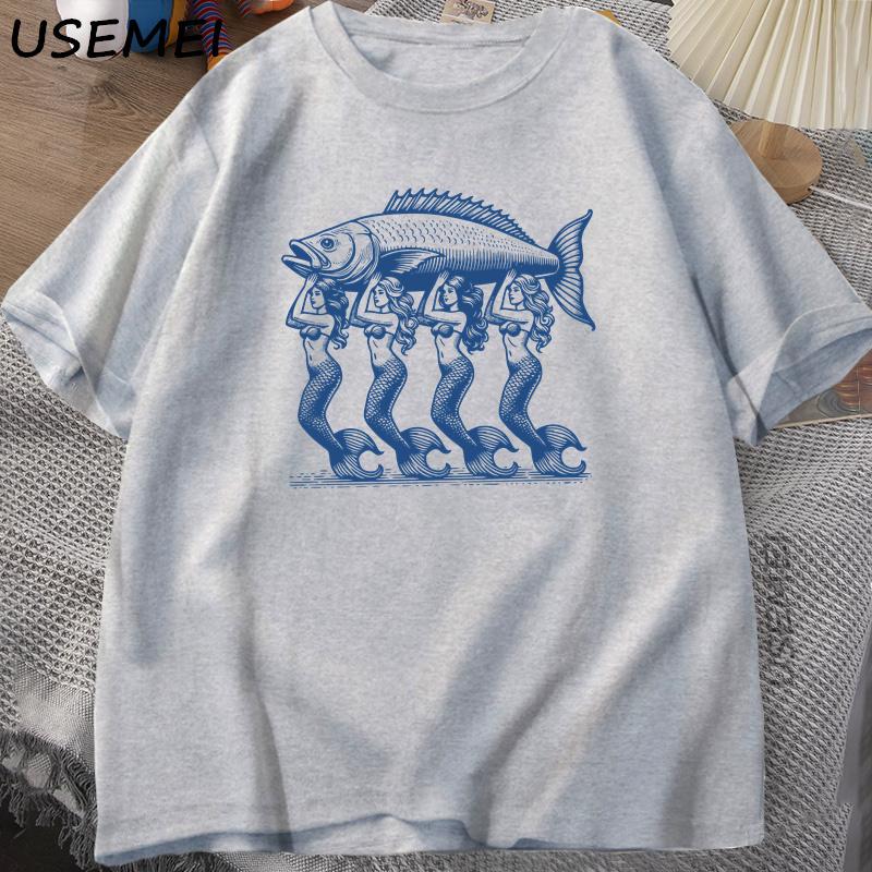 Mermaid Fish TShirt Trendy Beach T Shirt Summer Vacation Tshirt Shortsleeve Printed Cotton Graphic Tees Womens Top Clothes