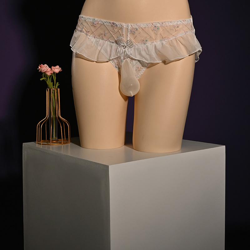 Floral Embroidery Sissy Pouch Panties Japanese Maid Men Ruffles Briefs Pnies Sheath See Through Lingerie Underpant Gay Knickers