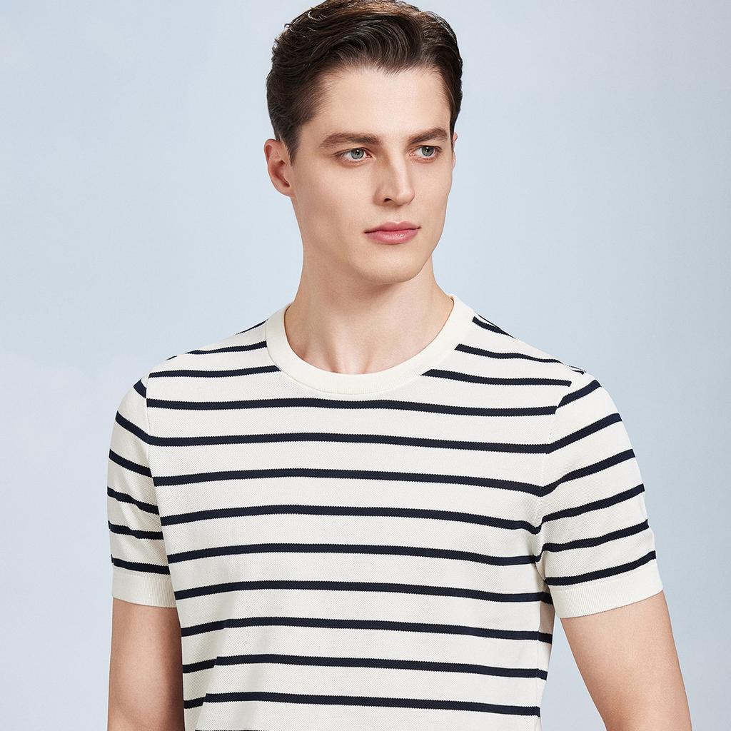 High end White Factory Silk Summer Thin Knitted T-shirt with Mulberry Silk for Men