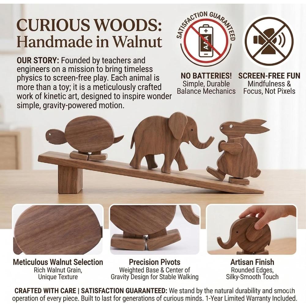 Handmade Walking Wooden Animals, Mechanical Balance Animal Sculpture, Wooden Walking Elephant Turtle Rabbit, STEM Educational Desk Decor Gift