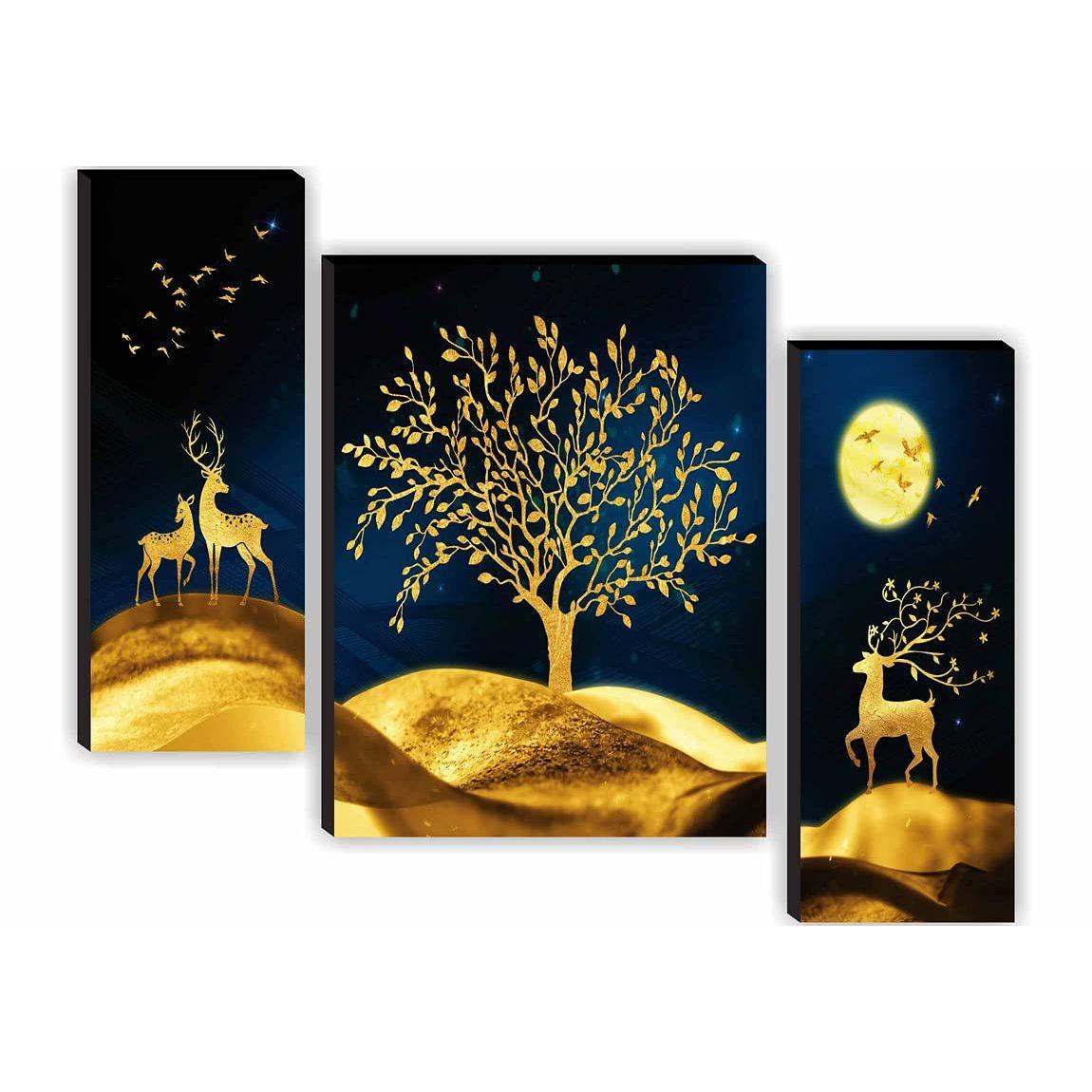 

paintings Set of 3 Deer with Tree Modern Art UV Textured Home Decorative Gift Item Self Adeshive Painting 18 Inch X 12 Inch