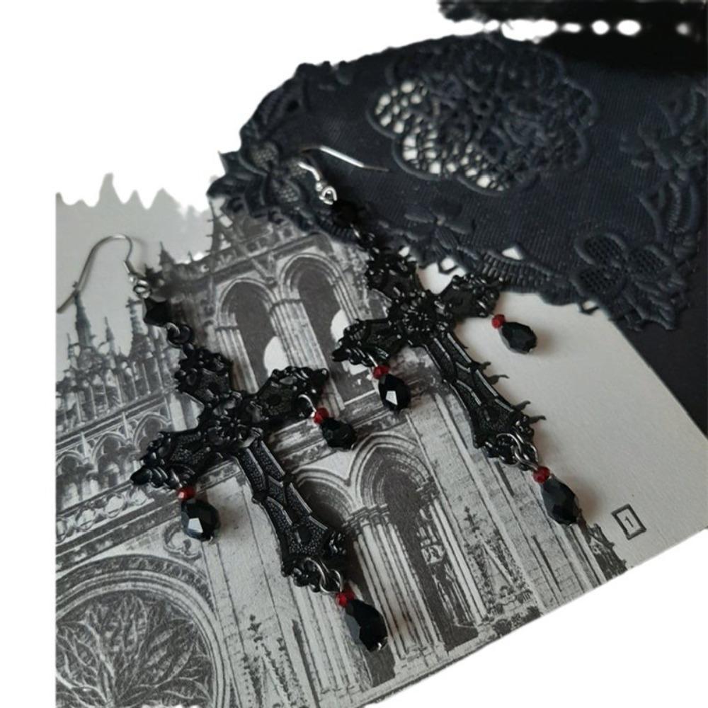 Gothic Darkness Hollowed-out Cross Black Teardrop Tassels Dangle Earrings for Women Hallowmas Party Personality Jewelry Gifts