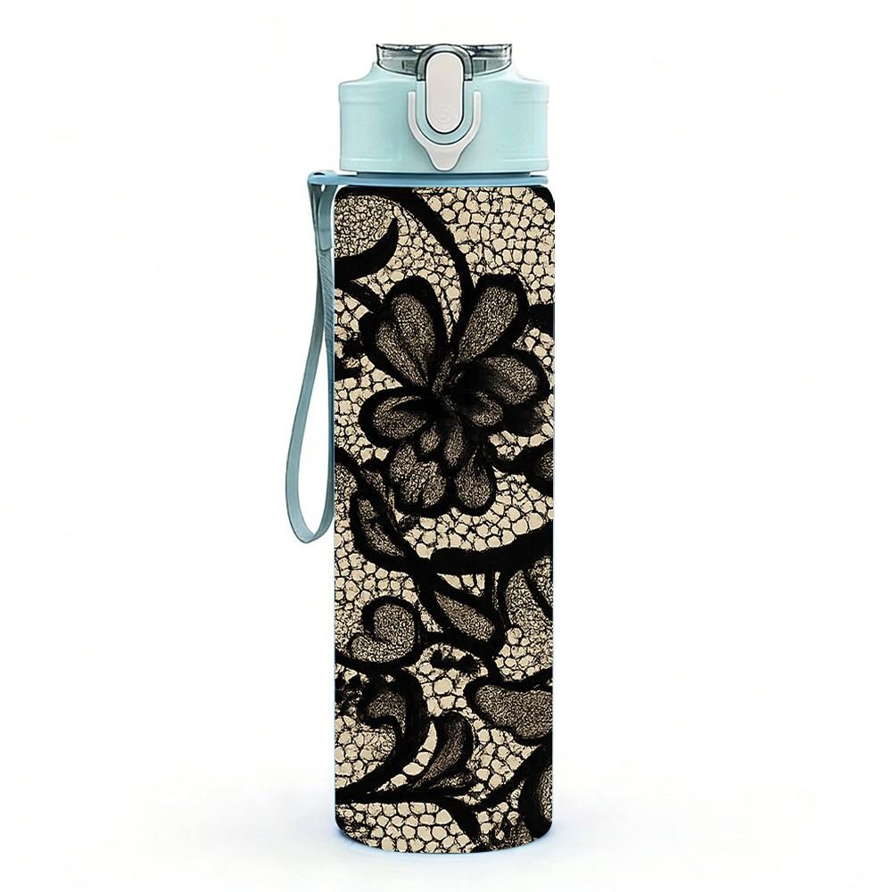 1PC Black Lace Vintage Texture Print 750ml Color Plastic Sports Water Bottle Leakproof Flip Straw Lid Suitable for Sports Office Home Use