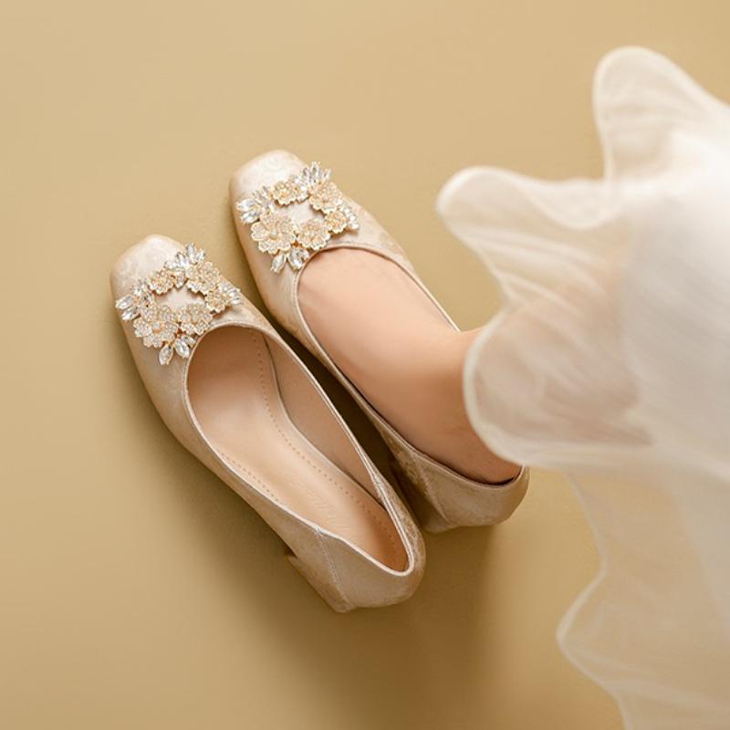 Fashion Woman High Heels Square Toe Rhinestone Fashion 2025 New Spring/Summer Satin Shallow Mouth  Women's Shoes Elegant Banquet Pumps