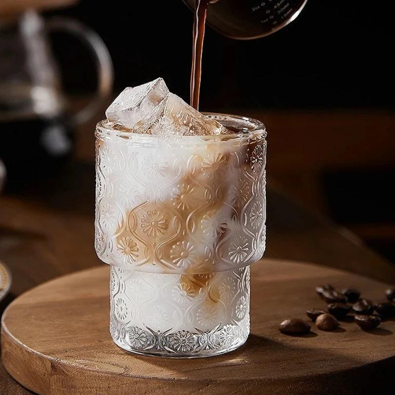 200ml Latte Coffee Cups Retro Sunflower Pattern Glass Cup Creative Wine Glass Transparent Juice Beverage Cups Drinking Glasses
