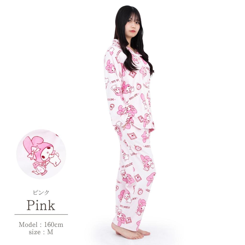 SAZAC My Melody Shirt Long Sleeve and Pants Stylish Frame My Melody Pajamas, Micro-Fur Fleece, Women's, Set, Loungewear, (Pink/L/SAN1742)
