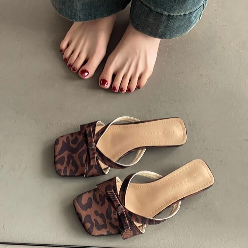 Minimalist bow cross belt open-toed low-heeled slippers summer wear thick-heeled shoes versatile women's sandals