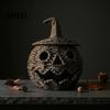 Rustieke Zeegras Opbergmand Handgeweven Halloween Pompoenmand, Spookachtige Snoepmand met Deksel, Vintage Rotan Houder Verlichte Lantaarn LED Kaars voor Tafel