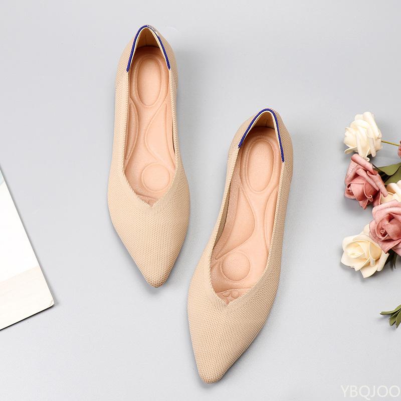 Fashion Breathable women's spring flat shoes pointed elastic knit daily casual  comfortable single shoes soft soled knit boat shoes