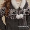 UNIFREE Retro Fair Isle Jacquard Hooded Sweater with Faux Fur Collar