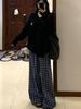 Plus Size Retro Blue Plaid High Waist Wide Leg Pants for Women - Autumn Winter Casual Loose Fit.