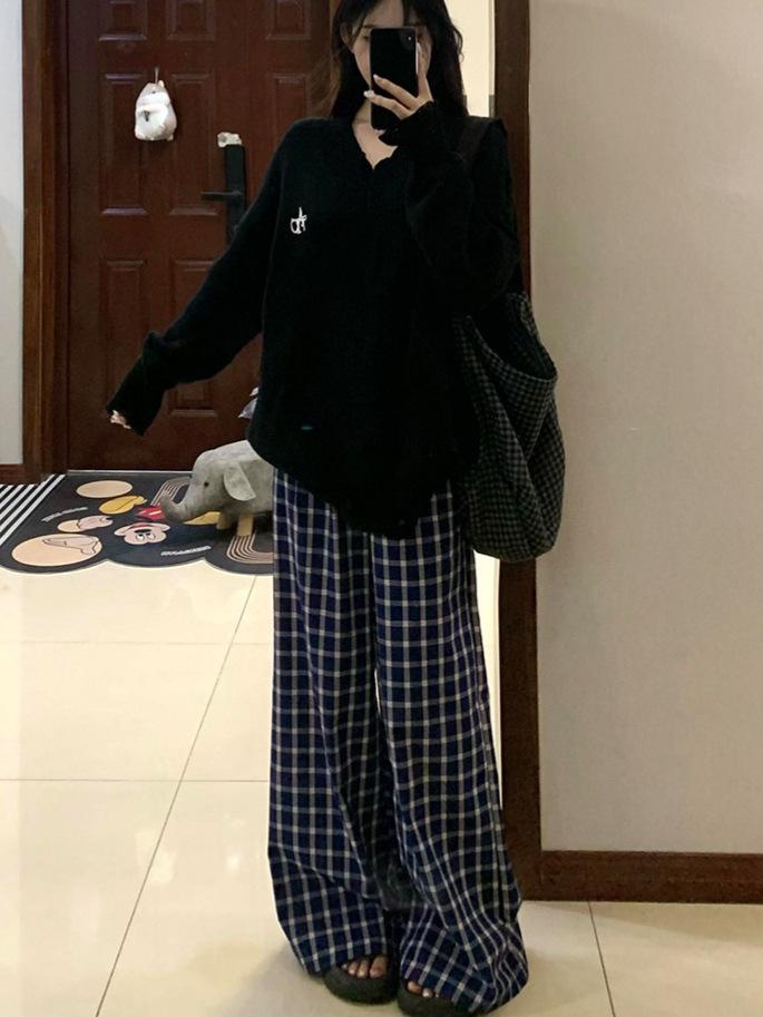 Plus Size Retro Blue Plaid High Waist Wide Leg Pants for Women - Autumn Winter Casual Loose Fit.