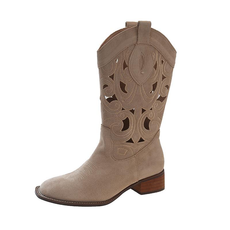 Soft Leather Hollow Western Cowboy Boots Women's Summer New Short Boots Brown Long Knight Boots High Martin Boots