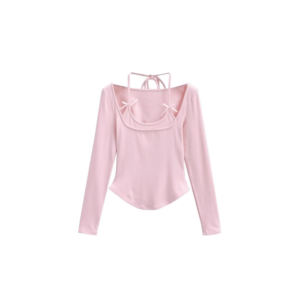 Sweet desire human lace-up neck fake two long-sleeved T-shirt women's autumn pure desire bow arc edge hem short top