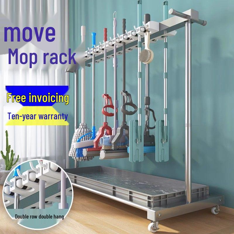 Stainless Steel Mobile Mop and Broom Holder Stand for Cleaning Tools