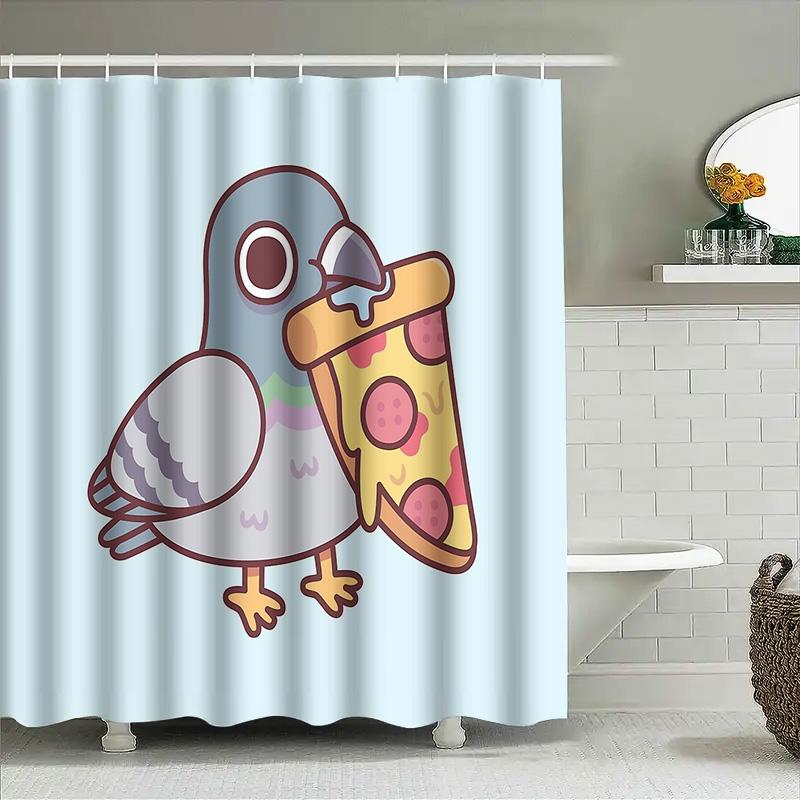 Cute Bird Pizza Shower Curtain Farmhouse Bathroom Decor Funny Animal Pattern Waterproof Fabric Washable Home Textile