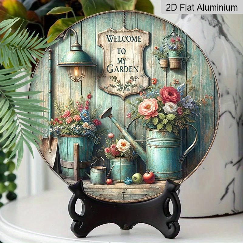 2D Flat - 1pc Round Vintage "Welcome to My Garden" Aluminum Sign - Rustic Floral Watering Can & Lantern Wall Plaque, Perfect for Rustic Style Wall Or