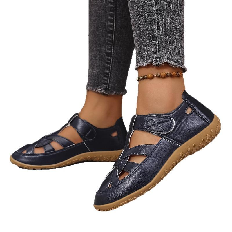 Damesandaler med bred lest og kryssvev, romerske sandaler med borrelåsstropp, sporty mules for kvinner