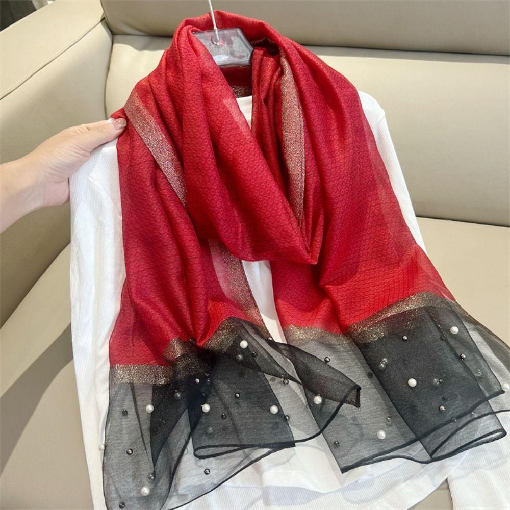Pearls Mesh Neck Scarves Sunscreen Silk Scarf Shawls Luxury Head Scarf