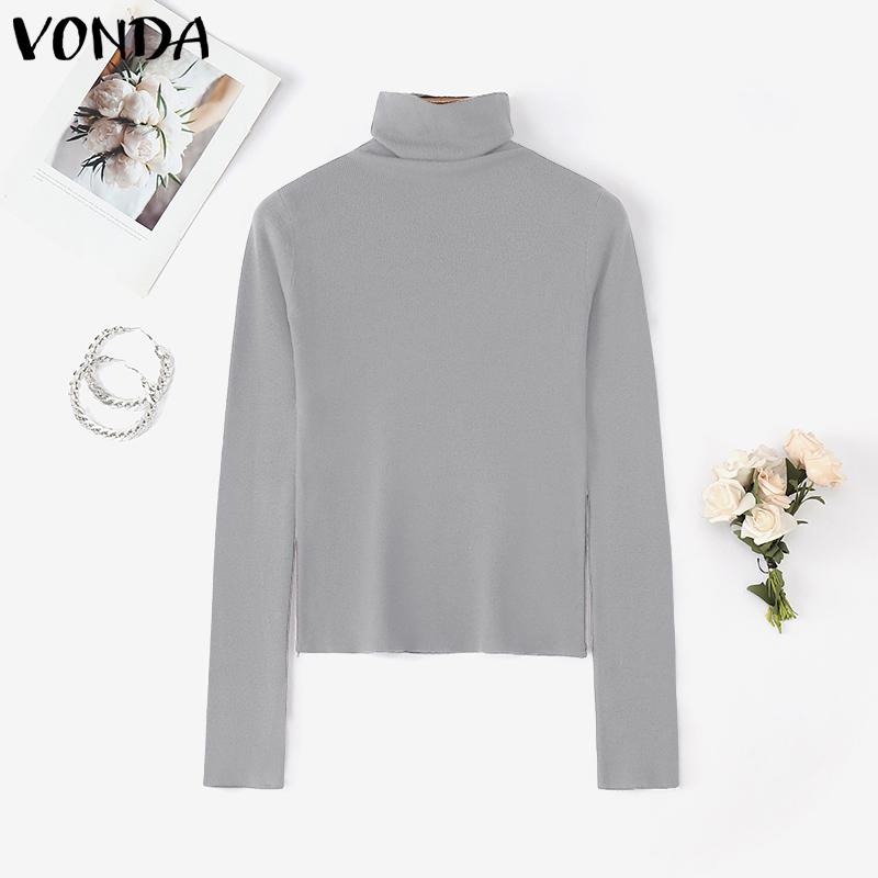 VONDA Autumn Women Turtleneck Long Sleeve Thin Casual Cropped Kniteed Sweater Tops Undershirts