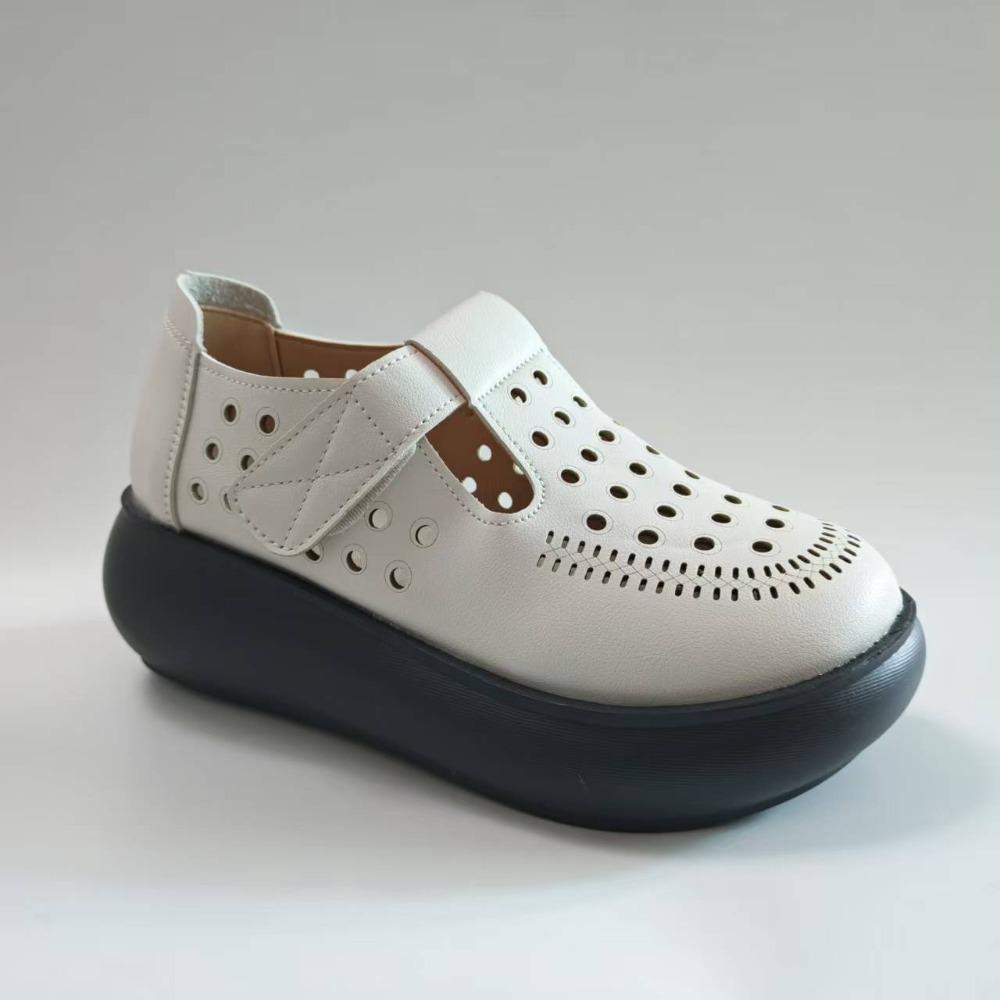 Sapatos Plataforma Mary Jane Femininos de Verão Vazados Respiráveis Recortados Casuais Aumentadores de Altura Sapatos Brancos 5cm Conforto Macio
