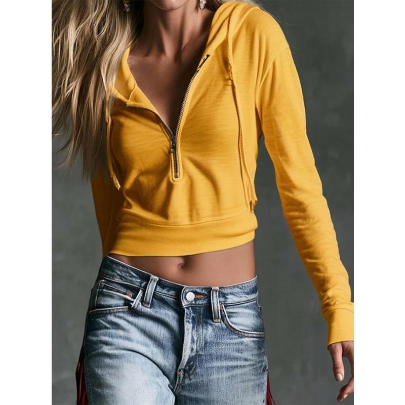 Damen S Cropped Kapuzen V-Ausschnitt Reißverschluss Lässig Street Sweatshirt