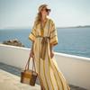 European and American Style 3D Seaside Vacation Striped Robe Women's Summer Loose Beach Blouse Fashion Dress