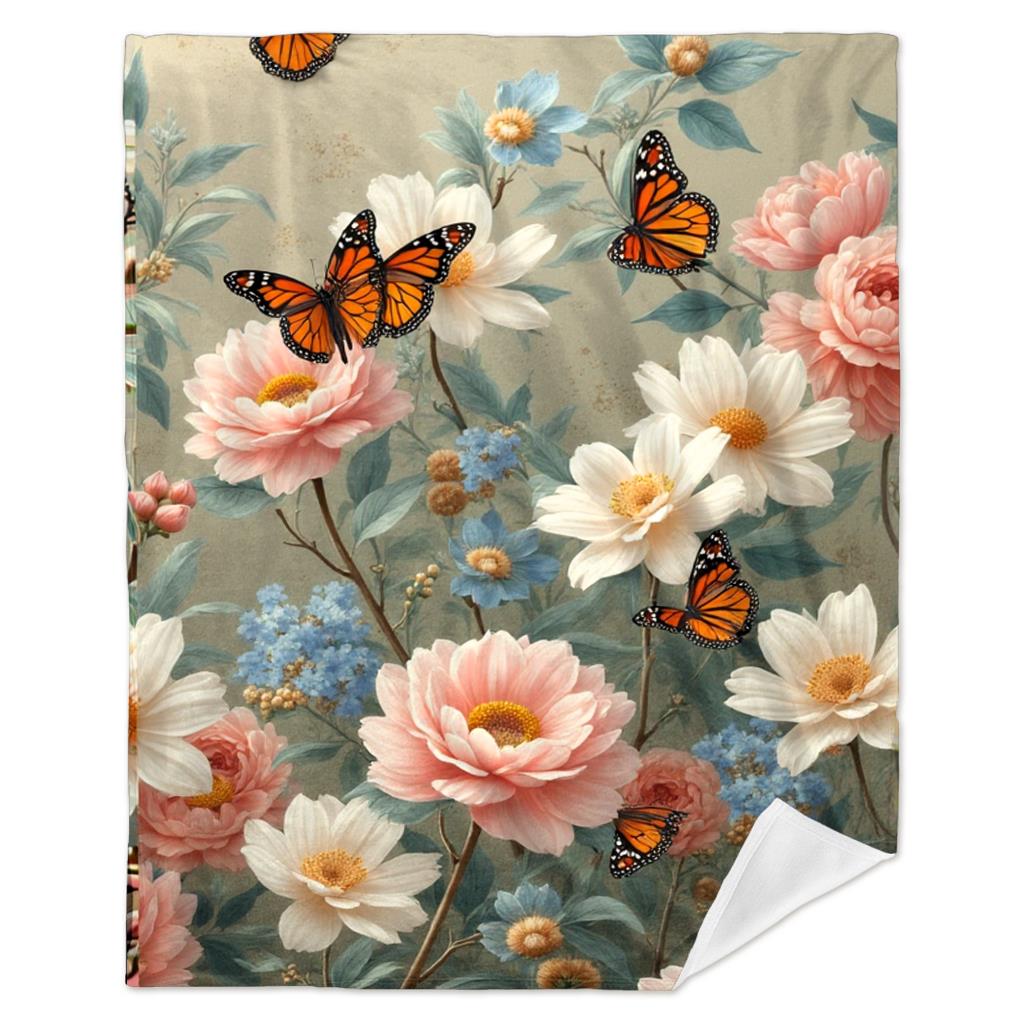 Floral Butterfly Blanket Vintage Peony And Daisy With Monarch Butterflies Soft Fleece Throw Cozy Home Decor Gift For Women