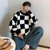 Unisex Japanese Checkered Knitted Sweater - High-End Autumn/Winter Style, Round Neck, Long Sleeves, Warm and Cozy.