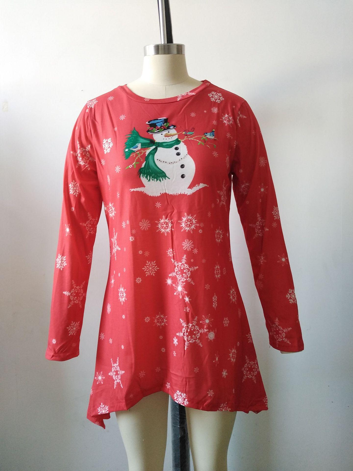 Wish christmas snowman print loose shirt dress women S красный
