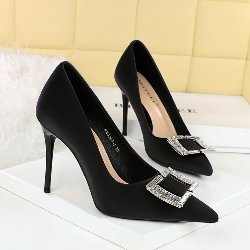 Fashionable High Heels For Women With Light Mouth Square Buckle Rhinestone Slim Heels Single Shoes Pointed Toe High-End Shoes