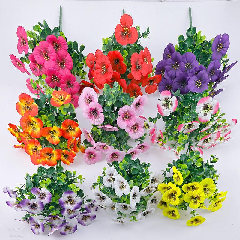 Aritificial Herbs Trinity Bouquet Flower 15 Heads Eucalyptus Leaf Pansy Bunch for Wedding Party Hotel Home Decor