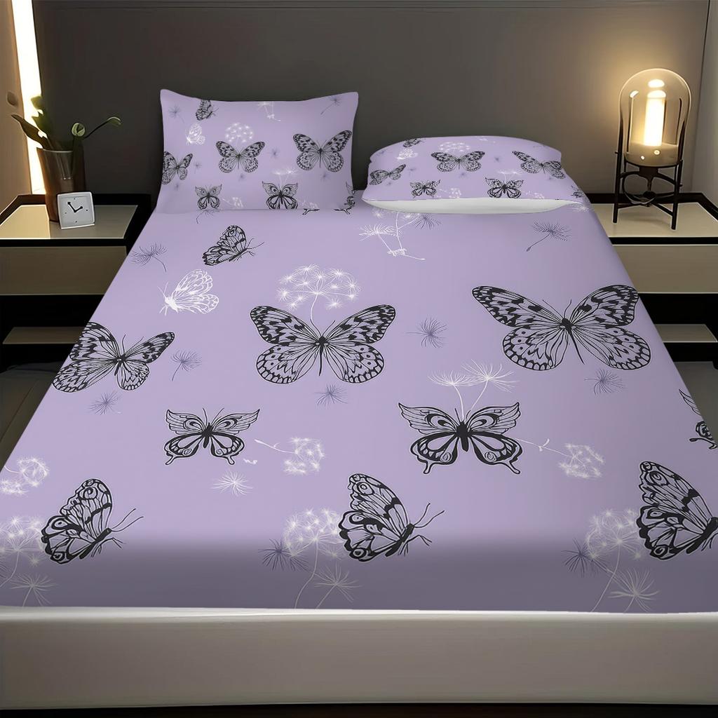 3pcs Purple Dreamy Butterfly Romantic Print Coreless Bed Sheet Set Multiple Sizes Bed Cover Bedroom Bedding Decoration