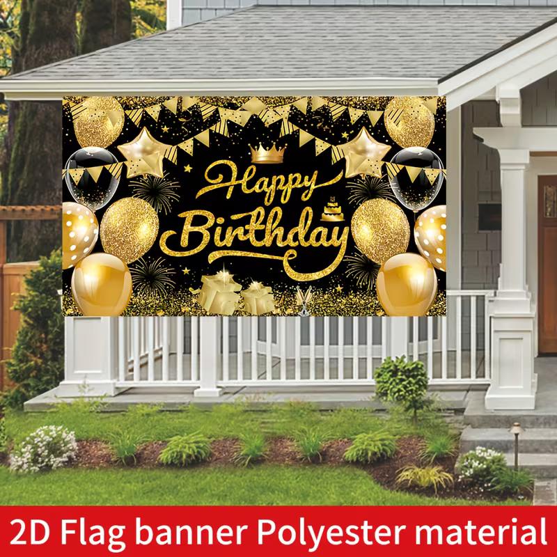 2D Black & Gold Themed Birthday Photo Booth Backdrop with Bunting Flags
