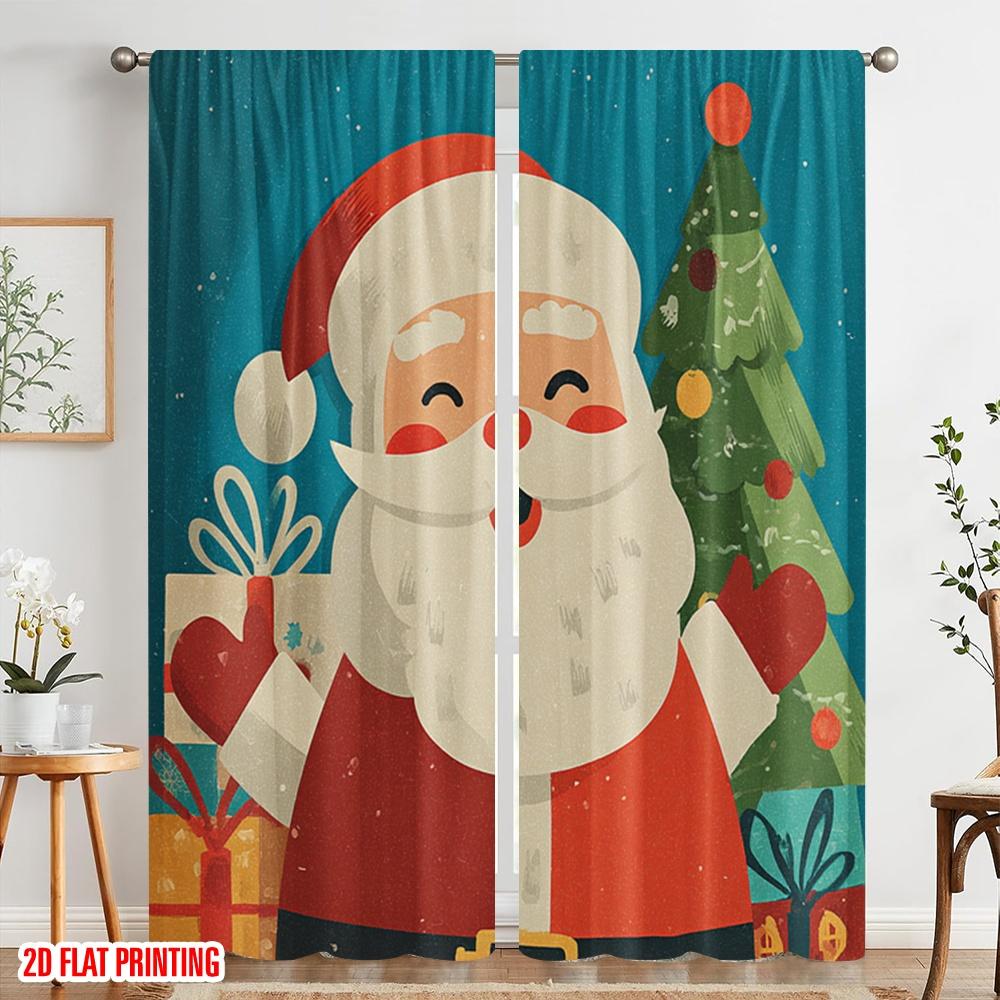 2pcs,2D Plane Printing Light Filtering Curtains Santa Claus and Tree Versatile Durable Polyester (without Rod) All Seasons Use