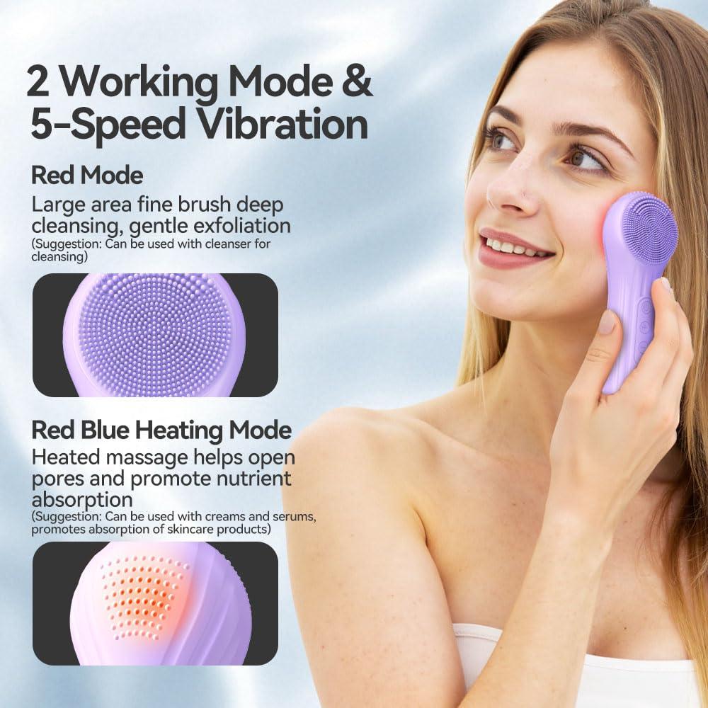 Facial Cleansing Brush, Silicone Face Scrubber with Heat and Vibration 5 Speeds, Waterproof Rechargeable Electric Face Scrub Bru